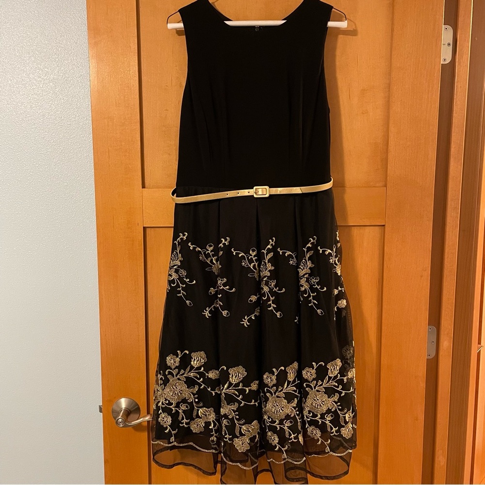 R&K little black dress with gold lace and trim, size 10